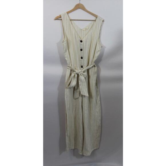 SOTELA Sz 3 L Large Flor Stripe Linen Jumpsuit Crop Wide Leg Belt - Picture 2 of 10